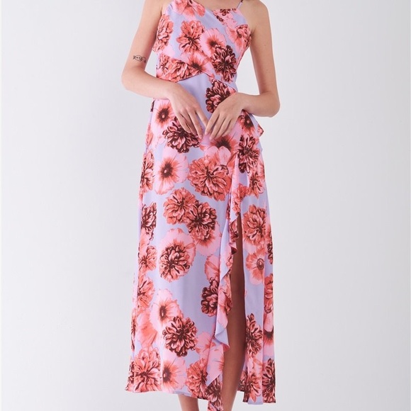 ♥️ Pink Floral Print Chiffon Midi Wrap Dress - Picture 5 of 16
